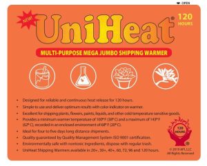 Front view of the UniHeat 120 Hour Shipping Warmer package for plants, flowers, and temperature-sensitive materials.