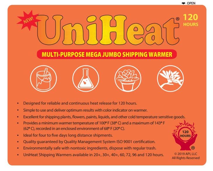 Front view of the UniHeat 120 Hour Shipping Warmer package for plants, flowers, and temperature-sensitive materials.