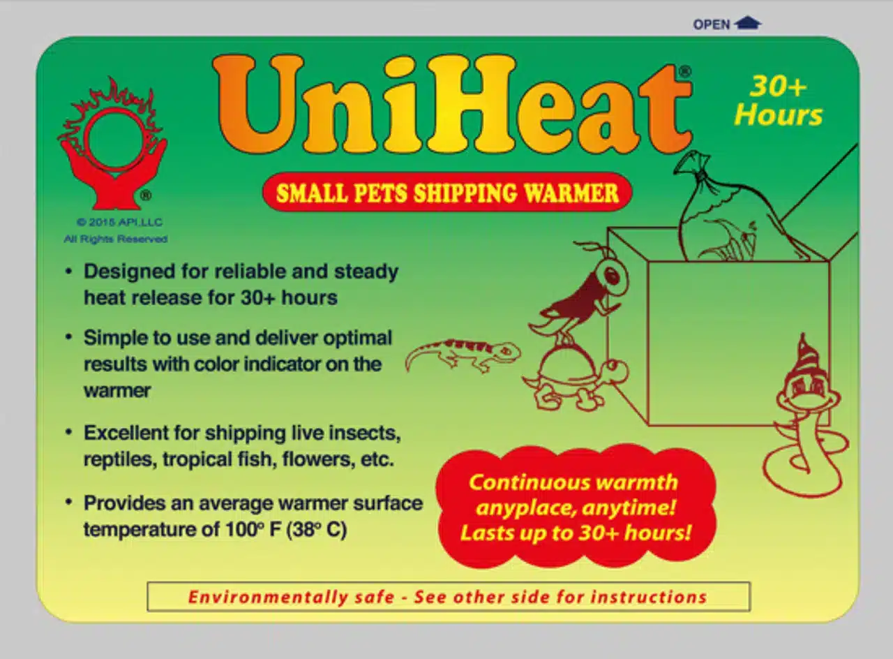 Front view of the UniHeat 30 Hour Shipping Warmer package for plants, insects, and temperature-sensitive items.