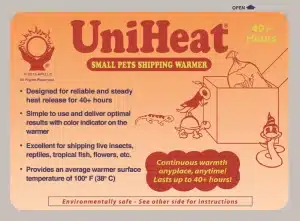 Front view of the UniHeat 40 Hour Shipping Warmer package for reptiles, insects, and other temperature-sensitive animals.