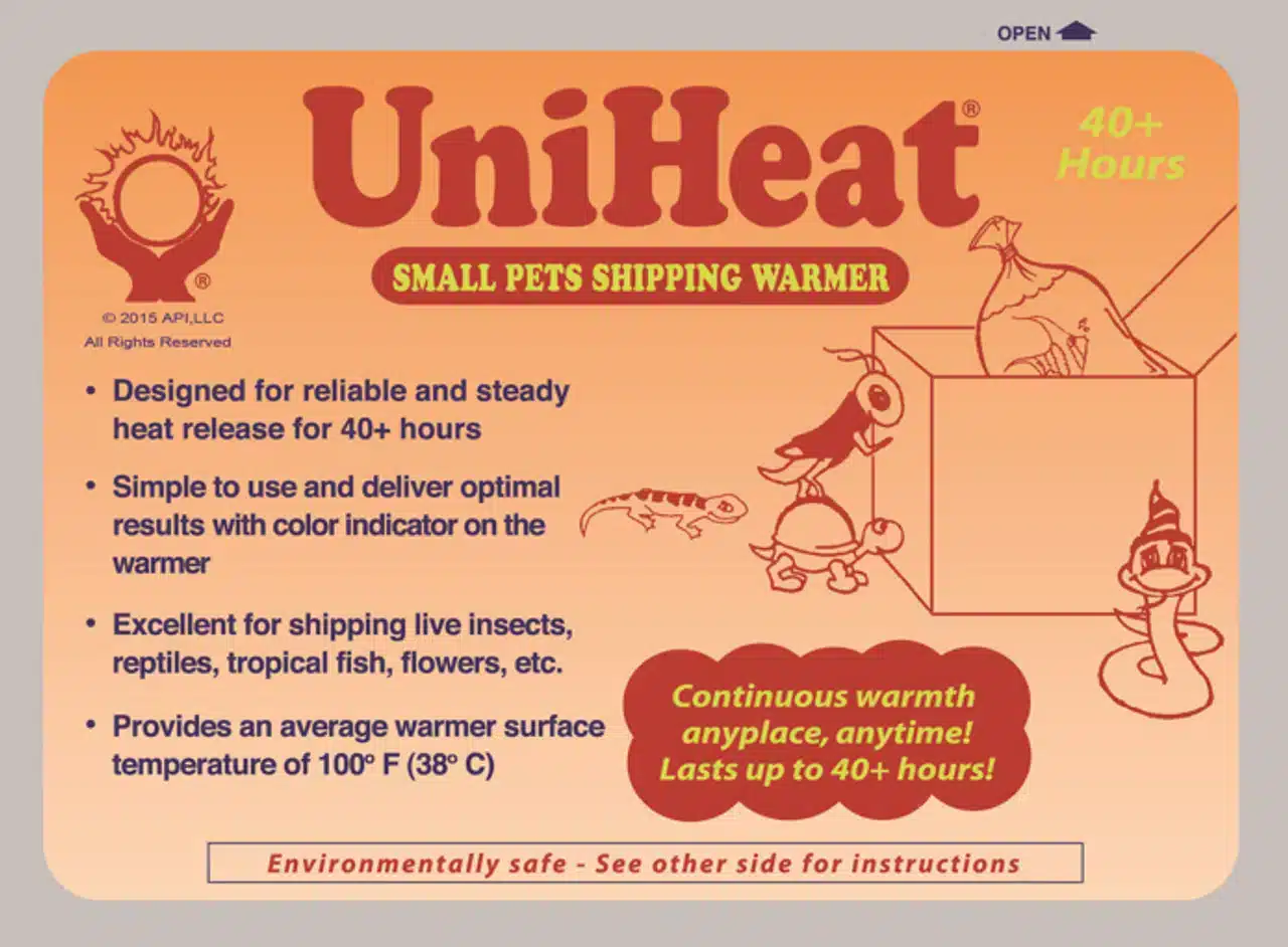 Front view of the UniHeat 40 Hour Shipping Warmer package for reptiles, insects, and other temperature-sensitive animals.