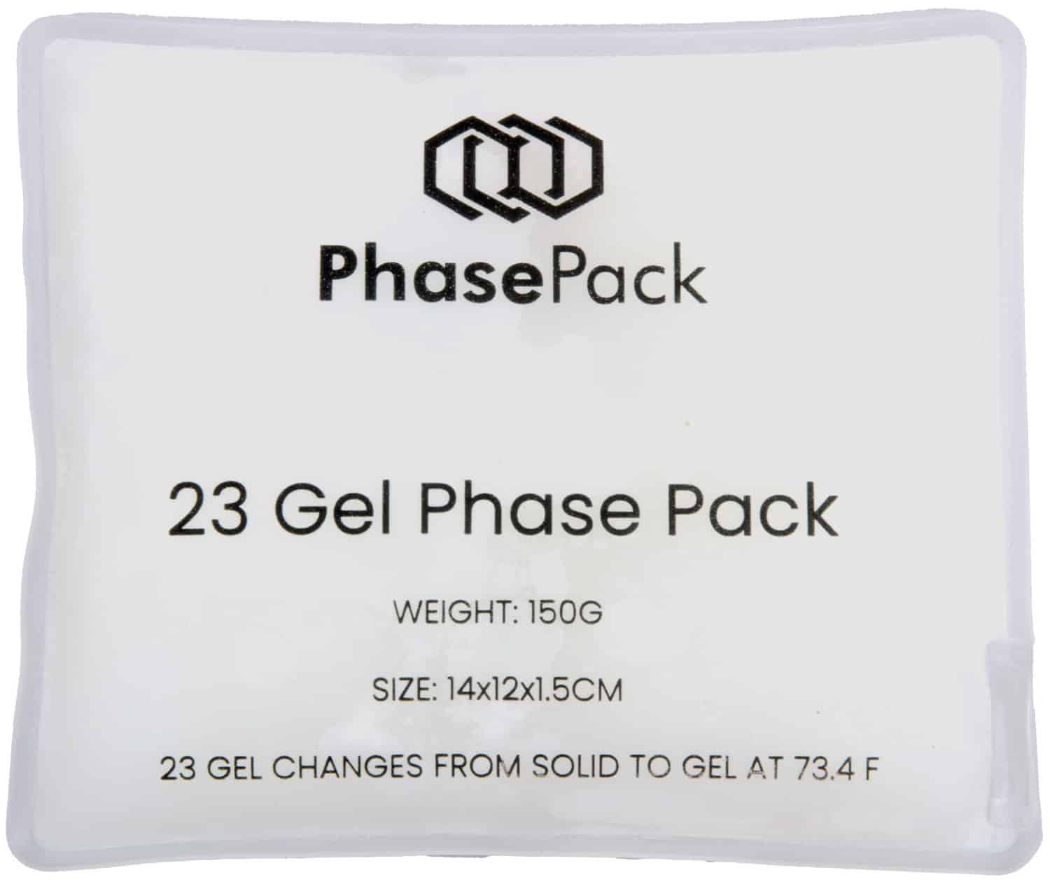 PhazeLock 23 Gel PhazePak front view showing sealed, leak-resistant organic PCM gel pack designed to maintain 23°C (73°F) for stable shipping temperatures.