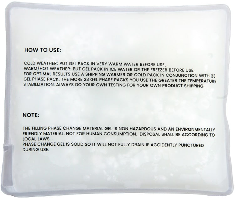 PhazeLock 23 Gel PhazePak rear label with product details and safety notice, organic PCM gel pack designed for all-season temperature control.